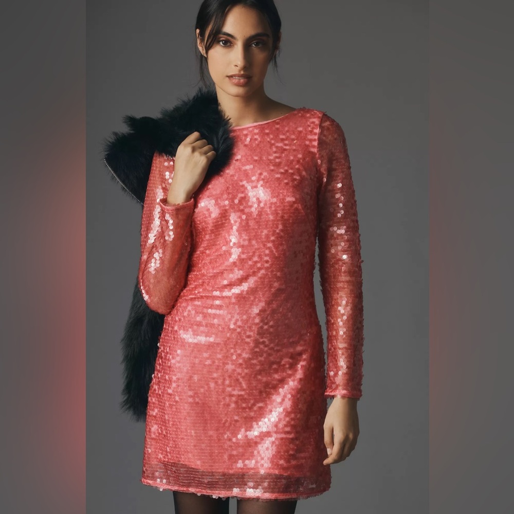 Anthropologie Sequin Drape-Back Mini Dress US4 pink - Picture 1 of 17